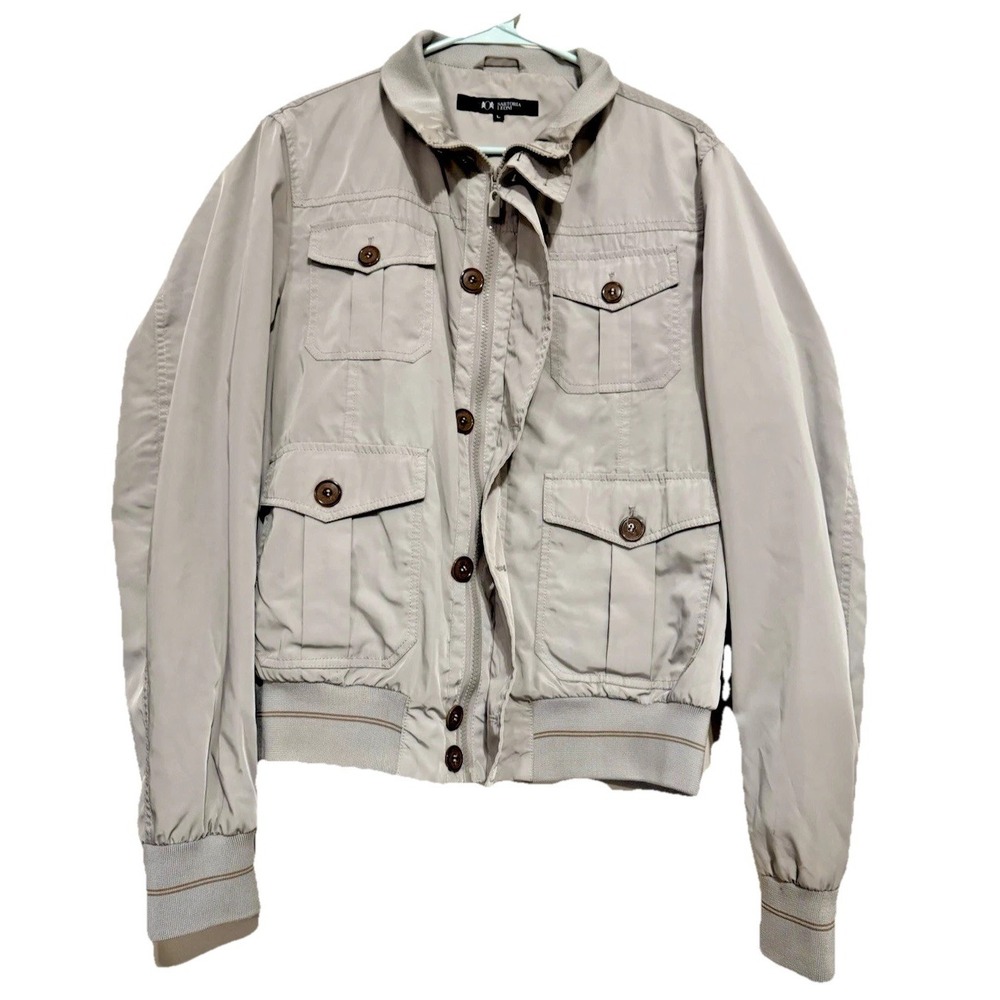 Women's Utility Field Jacket Gray Button Zip Cargo Military Safari Jacket Size L